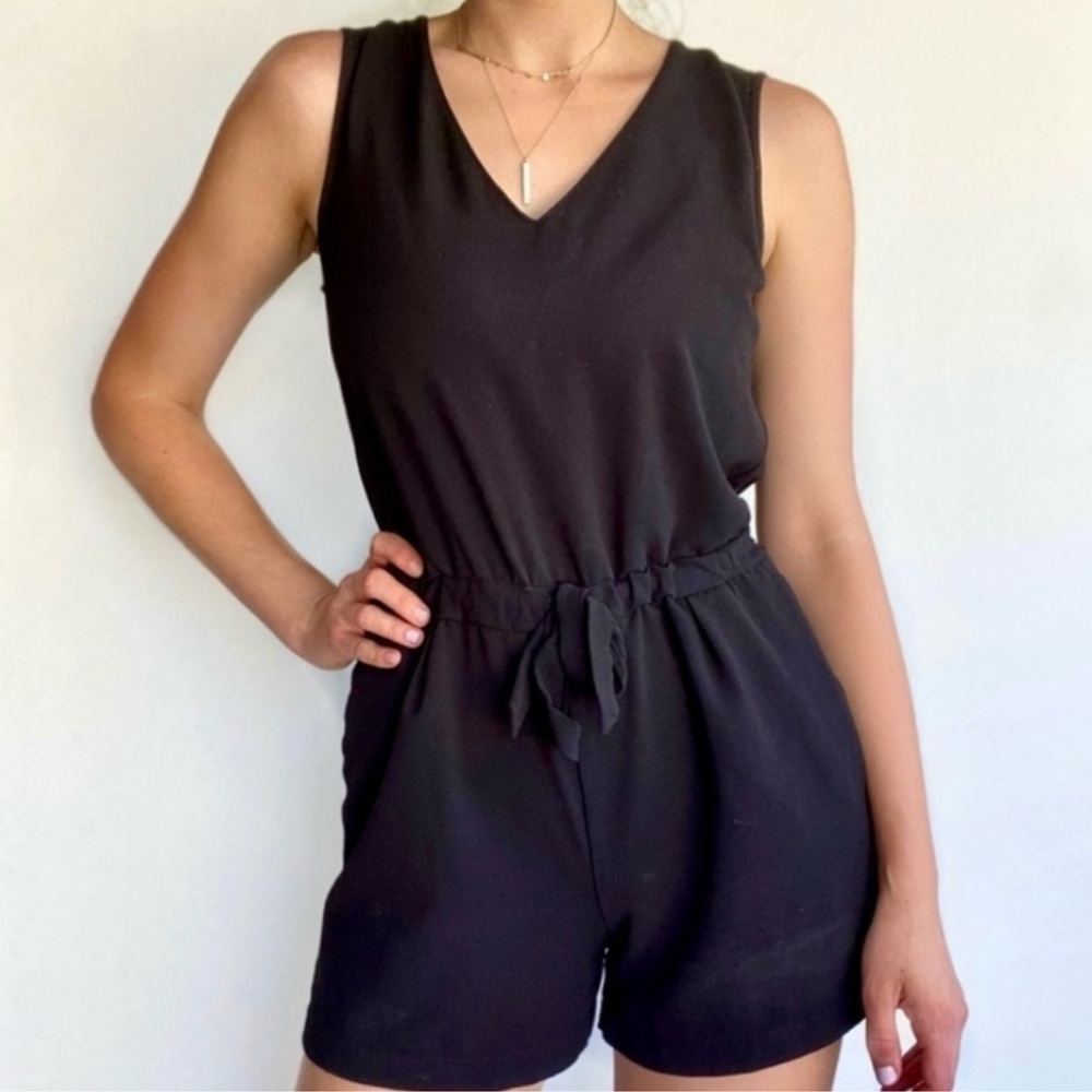 Zara Black Sleeveless Romper Tie Waist Minimalist Chic Size S
